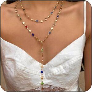 Adjustable Length Y Necklace for Women - Colorful Crystal & Gold Layered Charm